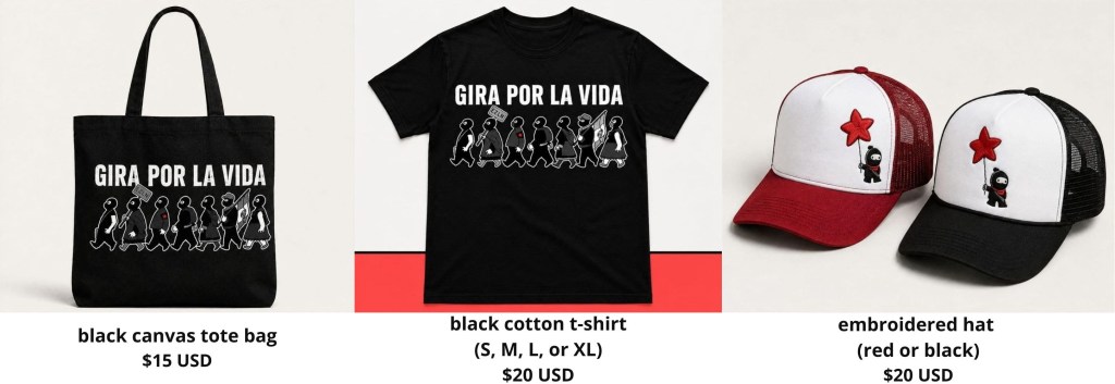 Black canvas tote bag with 'GIRA POR LA VIDA' text and graphic design, priced at $15 USD.